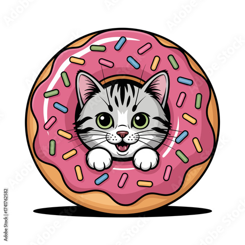 Playful cat enjoying a pink doughnut. Suitable for pet lovers, social media posts, greeting cards, and foodrelated designs.