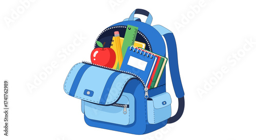 School Supplies Vector Illustration of Backpack with Apple Notebooks and Ruler Modern Style