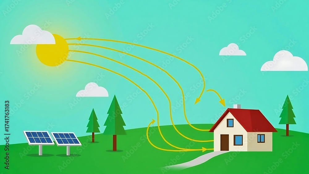 Naklejka premium Solar Panel Powering House with Renewable Energy from Sunlight Illustration