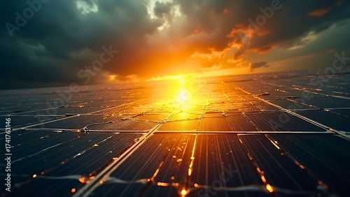 Solar Panels Field at Sunset Generating Clean Renewable Energy for a Sustainable Future
