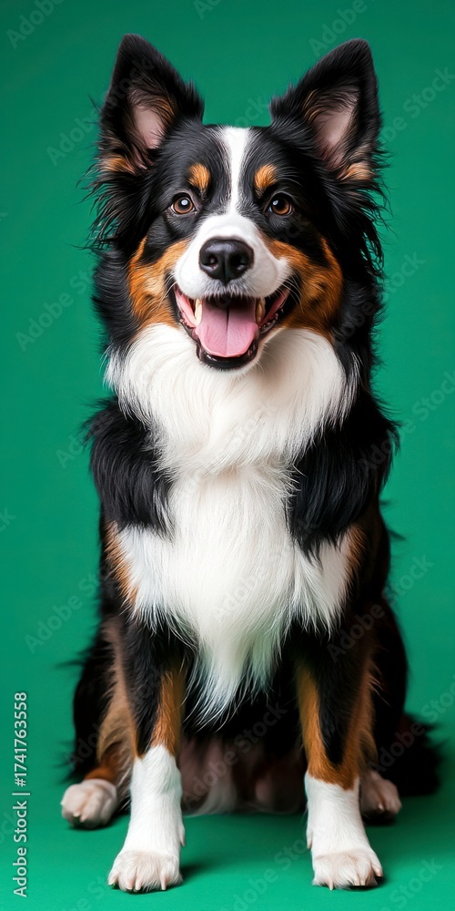 Fototapeta premium Happy and Playful Dog with Black and White Fur Against Bright Green Background