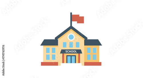 School Building Vector Illustration with Flag Modern Simple Style