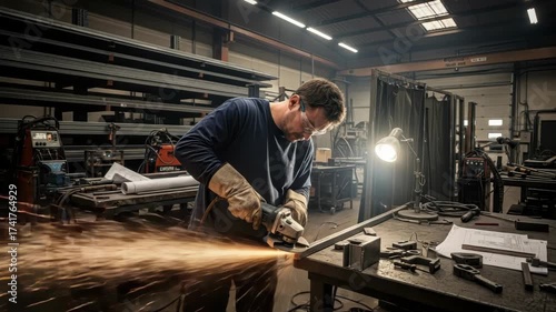 craftsman in safety gear grinds metal beam with an angle grinder generating bright sparks in an industrial workshop Metal racks welding machines tools and blueprints surround him