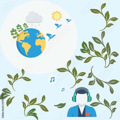 Human wearing headphones enjoying nature, earth with trees, clouds, rain, sun, and birds, eco-friendly concept, harmony between people and environment, mindfulness, green lifestyle, sustainable living