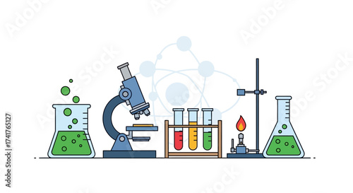 Science Lab Vector Illustration with Microscope Test Tubes Bunsen Burner and Atom Model in Minimalist Style