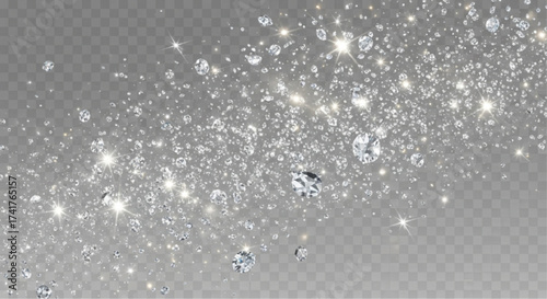 Shimmering jewels scattered on a luminous backdrop, sparkling diamonds convey a sense of luxury and celebration. The elegant display sparkles and shines, capturing pure beauty and timeless allure.