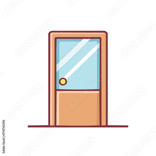 An illustration of a simple door with a glass pane and a doorknob. The door is colored brown and stands on a thin line.