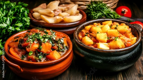 Colorful Vegetable Stew and Potato Dish in Rustic Bowls Surrounded by Fresh Herbs and Ingredients