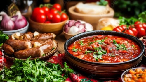 Fresh Ingredients and Savory Dishes on Rustic Table with Tomato Sauce and Sausages