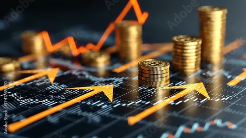 Financial growth concept with rising arrows and golden coins on a digital chart background