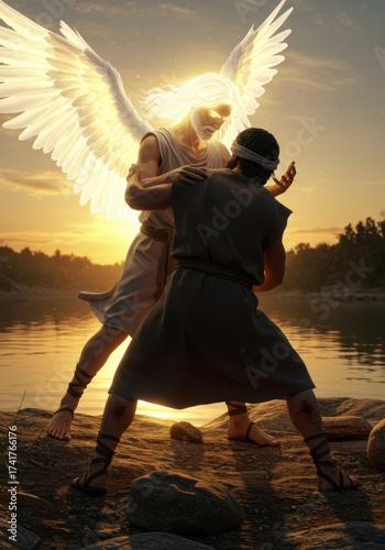 Jacob wrestling with a radiant, winged angel by the Jabbok river at sunset