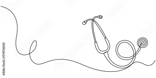 Continuous one line drawing of stethoscope freehand drawn picture silhouette, Doctors day concept, Continuous one line art drawing of stethoscope vector illustration,  Single one line stethoscope.