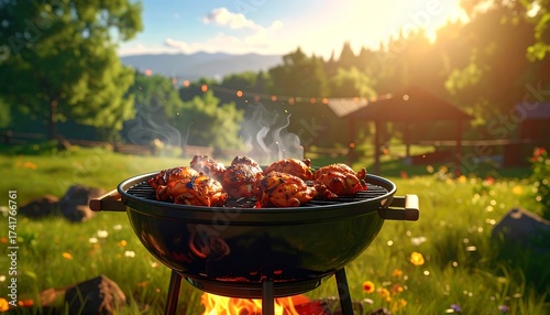 Fototapeta Naklejka Na Ścianę i Meble -  Barbecue grill with chicken on a sunny day in a beautiful park