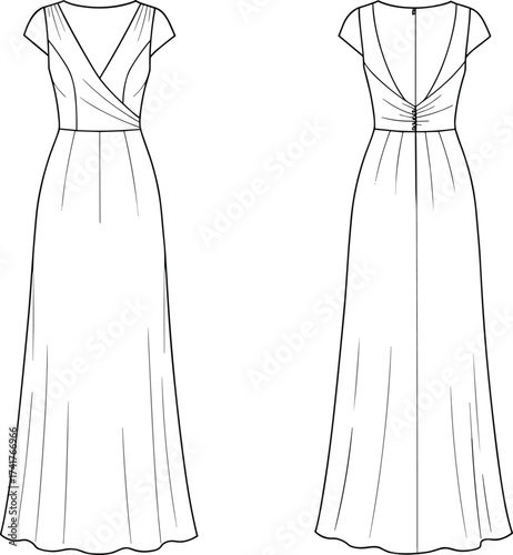 Long dress technical flat sketch, wrap bodice V neckline, front and back views, fashion CAD drawing, garment construction template, vector illustration apparel