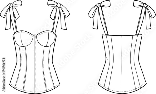 Corset top technical flat sketch, structured cup bustier design, front and back views, bow strap detail, fashion CAD drawing, vector illustration apparel