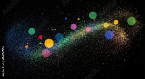 A vibrant galaxy of swirling stardust and radiant, colored spheres fills a star-speckled void, a cosmic ballet of color, light, and energy, suggesting the boundless wonders of the universe.