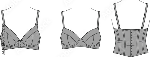 Women lingerie bra corset undergarment fashion design, technical flat sketch, CAD drawing, vector illustration, apparel template, intimate wear outline
