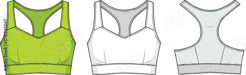 Sports bra fashion design, technical flat sketch, CAD drawing, vector illustration, activewear garment template, racerback style, fitness clothing mockup