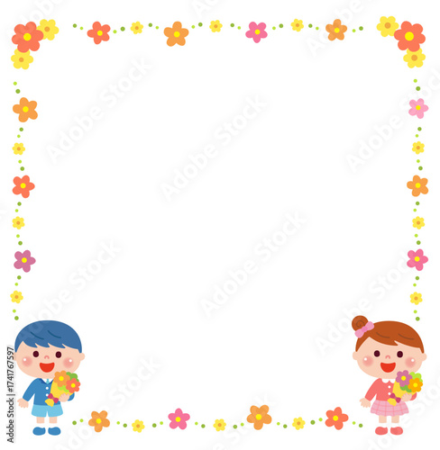 お別れ会で花束を持つ子どもたちのフレーム