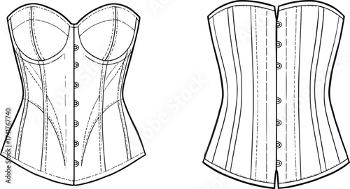 Corset technical fashion illustration, front and back view, structured boning, garment construction, sewing pattern, lingerie design, cad drawing flat vector illustration