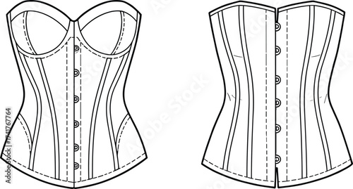 Corset fashion technical flat sketch, CAD drawing vector illustration, lingerie garment design, sewing pattern template, clothing construction line art