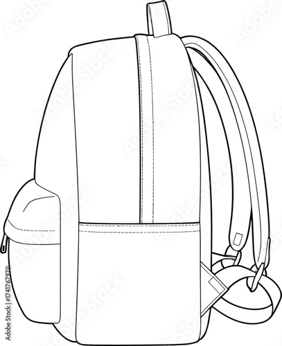 Black and white backpack side view, detailed technical line art, fashion accessory design, cad drawing flat vector illustration, isolated