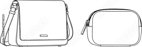 Cad drawing flat vector illustration, fashion handbag line art, crossbody bag outline, clutch pouch sketch, accessory design template