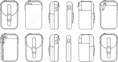 CAD drawing flat vector illustration of small pouch bag, technical line art design, zipper case accessory, front back side view