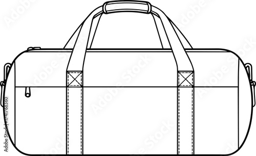 Duffel bag cad drawing flat vector illustration, black and white line art, travel luggage design, sports gym bag sketch