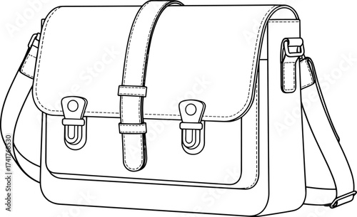 Satchel shoulder bag, leather messenger design, buckle strap closure, fashion accessory, detailed line art, cad drawing flat vector illustration