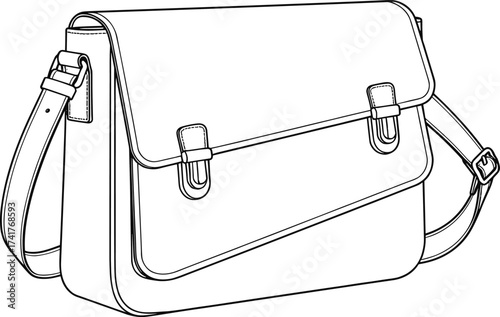 Cad drawing flat vector illustration of satchel style shoulder bag with buckles, fashion accessory design, technical line art sketch
