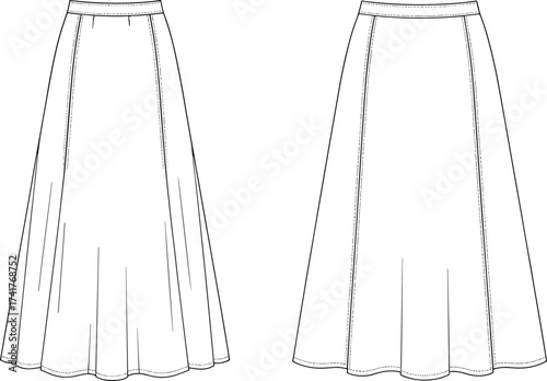 Technical fashion flat sketch A‑line midi skirt, vector CAD drawing, garment design illustration, sewing pattern template, apparel construction detail