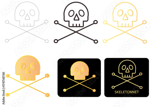Skull and crossbones icons with gradient and line art designs on white and black backgrounds