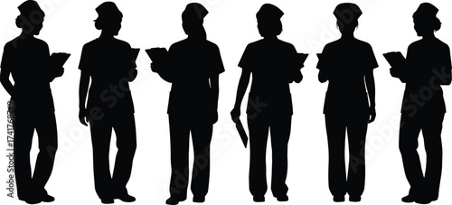 Medical staff silhouettes in scrubs, healthcare professionals holding clipboards, hospital teamwork concept, nurse uniform illustration, clinical workers, modern medical workforce diversity