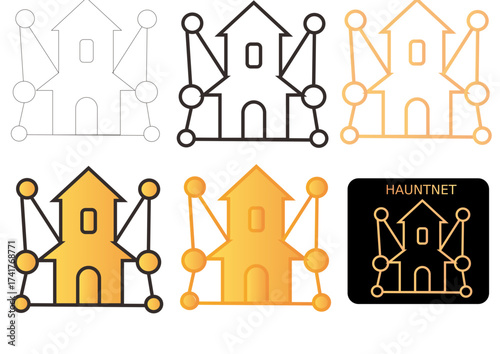Hauntnet A Spooky Illustrated Vector Icon Set Depicting Houses, Networks, and Halloween
