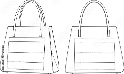 Handbag line art, fashion accessory outline, structured tote bag sketch, technical drawing, leather purse design, cad drawing flat vector illustration