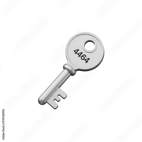 A silver key with the number 4464 engraved on it, isolated on white background