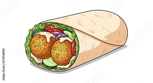 Delicious Falafel Wrap Illustration with Fresh Vegetables and Creamy Sauce for Food Lovers