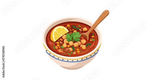 Appetizing bowl of moroccan harira soup with chickpeas and lemon garnish on white backdrop