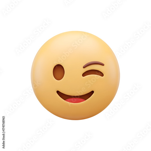 A yellow emoji winking with a smile, isolated on white background