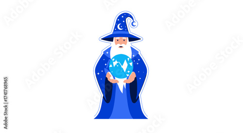 Illustration of a wizard holding a crystal ball predicting the future with magic and mystery in a