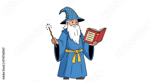 Cartoon wizard reading from a spellbook while holding a magic wand conjuring spells