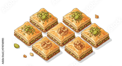 Illustration of delicious traditional baklava pastries with nuts and pistachios arranged beautifully