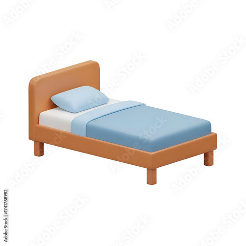 A simple wooden bed with blue bedding and a pillow, isolated on white background