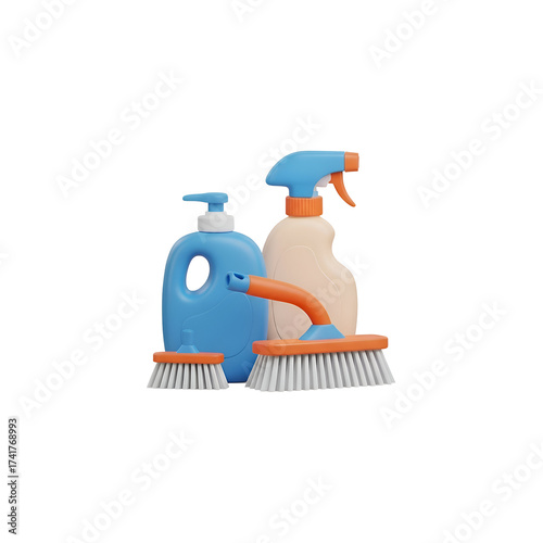 A collection of cleaning supplies including spray bottles and brushes, isolated on white background