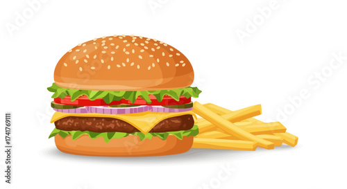 Delicious Hamburger with Fresh Ingredients and French Fries on a White Background