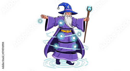 Cartoon wizard casting a spell with a staff creating a magical fantasy illustration