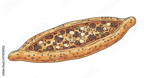 Delicious Turkish Pide with Ground Meat and Cheese Topping Illustration Detail