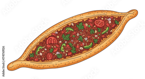Delicious Turkish Pide with Minced Meat and Vegetables Illustration on White Background