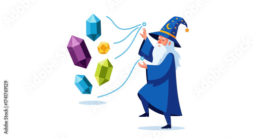 Enchanting wizard conjures colorful gems in a magical display of mystical energy and spells